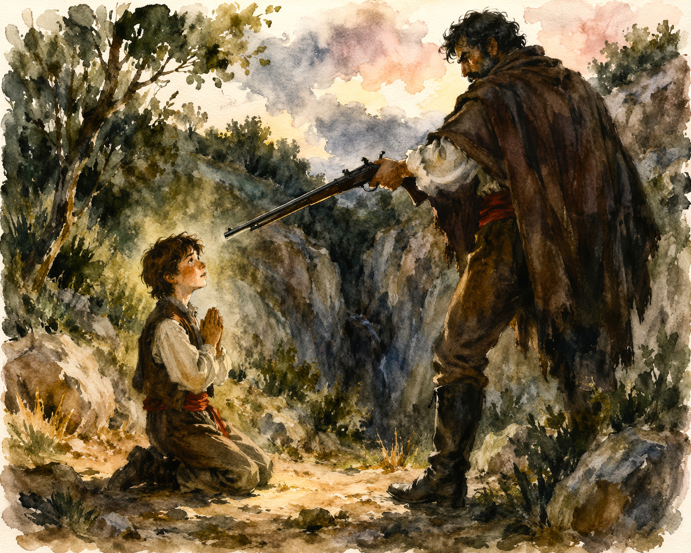 Illustration de Matteo Falcone — aquarelle représentant la scène finale